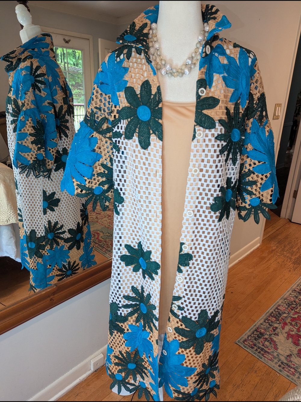 Eva Franco Blue and Green Floral Crochet Midi Dress - Picture 7 of 13